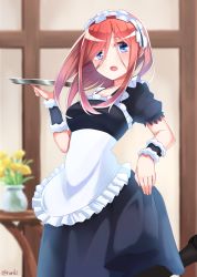 Rule 34 | 1girl, absurdres, alternate costume, apron, black footwear, black hairband, black pantyhose, blue dress, blue eyes, blurry, blurry background, blush, breasts, brown hair, commentary request, depth of field, dress, enmaided, frilled apron, frilled hairband, frills, go-toubun no hanayome, hair between eyes, hairband, hand up, highres, holding, holding tray, honorikiti, long hair, maid, nakano miku, open mouth, pantyhose, puffy short sleeves, puffy sleeves, shoes, short sleeves, small breasts, solo, standing, standing on one leg, transparent, tray, twitter username, vase, white apron, wrist cuffs
