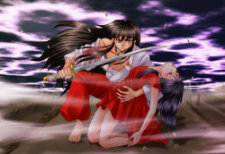 Rule 34 | 1boy, 1girl, alternate form, artist request, baggy pants, bare legs, barefoot, black hair, blood, borrowed clothes, brown hair, closed eyes, floating hair, higurashi kagome, holding, injury, inuyasha, inuyasha (character), inuyasha (human), katana, kneeling, long hair, looking at viewer, pants, parted lips, red pants, serious, sword, unconscious, weapon, wind