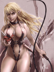 Rule 34 | 1girl, asanagi, black one-piece swimsuit, black slingshot swimsuit, blonde hair, breasts, collar, commentary, cowboy shot, half mask, holding, holding mask, holding whip, horned mask, large breasts, long hair, looking at viewer, lowres, mask, navel, one-piece swimsuit, parted lips, pointy ears, ragnarok online, red eyes, signature, slingshot swimsuit, solo, spiked collar, spikes, swimsuit, zealotus