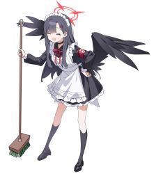 1girl :d adapted_costume alternate_costume apron armband black_choker black_dress black_footwear black_hair black_socks black_wings blue_archive broom choker closed_eyes commentary_request dress enmaided feathered_wings full_body hair_ornament hairclip halo hand_on_own_hip highres holding holding_broom ichika_(blue_archive) leaning_forward loafers long_hair long_sleeves maid maid_apron maid_headdress neck_ribbon nekoln open_mouth petticoat red_armband red_ribbon ribbon shoes simple_background sketch smile socks solo standing straight_hair white_apron white_background wings