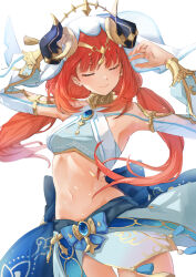 Rule 34 | 1girl, aiueonesan (umanaminoatama), blue skirt, breasts, brooch, closed eyes, commentary request, cowboy shot, crop top, fake horns, genshin impact, highres, horns, jewelry, long hair, long sleeves, midriff, navel, neck ring, nilou (genshin impact), red hair, skirt, small breasts, smile, solo, standing, stomach, veil, very long hair, white background