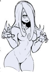 Rule 34 | 1girl, breasts, cleft of venus, cowboy shot, cropped legs, hair over one eye, highres, little witch academia, long hair, medium breasts, nipples, nude, pussy, simple background, solo, standing, sucy manbavaran, teeth, uncensored, white background