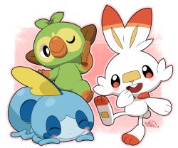 Rule 34 | blush, blush stickers, bright pupils, brown eyes, closed mouth, creatures (company), closed eyes, game freak, gen 8 pokemon, grookey, hand up, hinako iroiro, holding, holding stick, lying, nintendo, no humans, on stomach, one eye closed, open mouth, outline, pokemon, pokemon (creature), scorbunny, smile, sobble, starter pokemon trio, stick, symbol-only commentary, toes, tongue, tooth