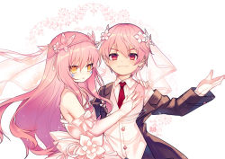 Rule 34 | 1boy, 1girl, ao jun, blush, bridal gauntlets, brown jacket, character request, closed mouth, collared shirt, commentary request, dress, elsword, elsword (character), eve (elsword), eve (hatsukoi zombie), facial mark, flower, glint, gloves, hair between eyes, hair flower, hair ornament, hand up, jacket, long hair, long sleeves, looking at viewer, necktie, open clothes, open jacket, orange eyes, parted lips, pink flower, pink hair, red eyes, red neckwear, see-through, shirt, smile, strapless, strapless dress, upper body, v-shaped eyebrows, veil, very long hair, vest, white dress, white gloves, white shirt, white vest
