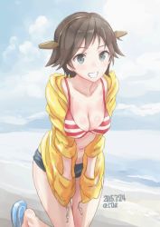 Rule 34 | 10s, 1girl, beach, bikini, bikini top only, blue eyes, brown hair, commentary request, coz (commit), dated, day, gradient background, grin, hands in pockets, headgear, hiei (kancolle), hood, hooded jacket, hoodie, jacket, kantai collection, leaning forward, navel, open clothes, open hoodie, outdoors, short hair, short shorts, shorts, smile, solo, standing, standing on one leg, striped bikini, striped clothes, swimsuit, twitter username