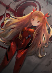 Rule 34 | 1girl, absurdres, between legs, blonde hair, bodysuit, breasts, closed mouth, commentary request, cosplay, ereshkigal (fate), expressionless, fate/grand order, fate (series), gradient hair, hair over shoulder, hair ribbon, hand between legs, hands on own thighs, head tilt, highres, long hair, looking at viewer, medium breasts, messy hair, multicolored hair, neon genesis evangelion, parted bangs, plugsuit, red bodysuit, red eyes, red hair, red ribbon, ribbon, sidelocks, skin tight, solo, souryuu asuka langley (cosplay), two side up, very long hair, wall, yuki haru