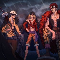 Rule 34 | 3boys, abs, clenched hands, clenched teeth, cloud, cloudy sky, competition, dark sky, eustass kid, hat, highres, holding, holding sword, holding weapon, jacket, jacket on shoulders, male focus, monkey d. luffy, multiple boys, muscular, one piece, sheath, sheathed, shiichan thea, sky, smile, smug, standing, sword, teeth, trafalgar law, weapon