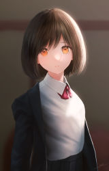 Rule 34 | 1girl, blazer, blurry, bob cut, brown eyes, brown hair, collared shirt, depth of field, expressionless, highres, jacket, looking at viewer, neck ribbon, ojay tkym, original, parted lips, pleated skirt, red ribbon, revision, ribbon, school uniform, shirt, short hair, signature, skirt, solo, upper body