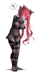 Rule 34 | 1girl, ?, absurdres, bdsm, blush, bodystocking, bound, bound arms, bound legs, breasts, closed eyes, collar, commentary request, full body, gag, gagged, hair ribbon, highres, horns, large breasts, long hair, metal collar, monoglove, original, pasties, red hair, ribbon, shadow, solo, spoken question mark, standing, tape, tape bondage, tape on nipples, twintails, variant set, very long hair, white background, wiffle gag, xiongmao