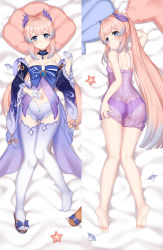 Rule 34 | 1girl, artist request, ass, ass grab, bare shoulders, barefoot, bed, breasts, butt crack, cameltoe, come hither, dakimakura (medium), detached sleeves, dress, from above, from behind, genshin impact, gloves, gradient hair, hair ornament, long hair, looking at viewer, looking back, lying, multicolored hair, on back, on stomach, panties, pink hair, purple eyes, purple hair, sangonomiya kokomi, see-through, see-through dress, shiny skin, short shorts, shorts, sideboob, small breasts, smile, soles, solo, starfish, underwear, very long hair