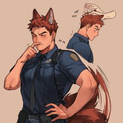 Rule 34 | animal ears, bara, belt, blush, dog boy, dog ears, dog tail, etceteraart, furry, furry male, highres, large pectorals, male focus, mature male, muscular, muscular male, necktie, original, padding, pectorals, police, police uniform, radio, red hair, smile, tail, tail wagging, uniform