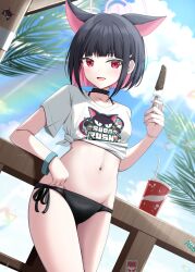 Rule 34 | 1girl, absurdres, animal ears, beach, bikini, bikini under clothes, black bikini, black hair, blue archive, breasts, cat ears, cloud, cloudy sky, colored inner hair, cup, food, highres, holding, holding food, kamesys, kazusa (band) (blue archive), kazusa (blue archive), light rays, multicolored hair, navel, official alternate costume, palm tree, pink hair, shirt, sky, solo, stomach, swimsuit, tied shirt, tree, white shirt