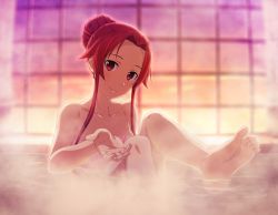 Rule 34 | 1girl, animal ears, bare legs, bare shoulders, barefoot, bathing, bear ears, closed mouth, collarbone, game cg, hair intakes, looking at viewer, naked towel, partially submerged, red eyes, red hair, short hair with long locks, sidelocks, smile, soles, solo, steam, sword art online, tiese schtrinen, towel