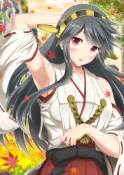 Rule 34 | 10s, 1girl, arm up, armpits, autumn leaves, bare shoulders, black hair, detached sleeves, hair ornament, hairband, hairclip, haruna (kancolle), headgear, ichikawa feesu, japanese clothes, kadokawa games, kantai collection, long hair, looking at viewer, nontraditional miko, open mouth, personification, red eyes, ribbon-trimmed sleeves, ribbon trim, smile, solo
