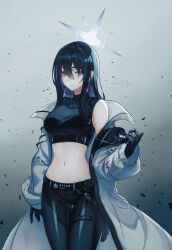 Rule 34 | 1girl, absurdres, armband, bare shoulders, black gloves, black pants, black shirt, blue archive, blue eyes, blue hair, breasts, coat, commentary request, cowboy shot, crop top, gloves, grey background, hair between eyes, highres, large breasts, leggings, long hair, long sleeves, looking at viewer, midriff, mikanjam, navel, no headwear, open clothes, open coat, pants, partial commentary, revision, saori (blue archive), shirt, sleeveless, sleeveless shirt, solo, standing, stomach, thighs, white coat
