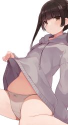 Rule 34 | 1girl, blunt bangs, blush, bow, bow panties, brown eyes, brown hair, closed mouth, clothes lift, crotch seam, grey jacket, grey panties, highres, hiroki (yyqw7151), hood, hoodie, jacket, jacket lift, lifting own clothes, long sleeves, looking at viewer, matching hair/eyes, original, panties, simple background, solo, thighs, underwear, white background
