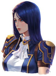 Rule 34 | 1girl, arcane: league of legends, arcane caitlyn, ascot, blue eyes, blue hair, blue jacket, breasts, caitlyn (league of legends), closed mouth, cropped torso, eruthu, highres, jacket, large breasts, league of legends, red lips, short sleeves, shoulder pads, simple background, smile, solo, white ascot, white background, white jacket
