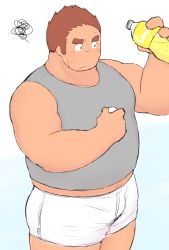 Rule 34 | 1boy, 3c pan, bara, bare arms, belly, bottle, brown hair, bulge, casual, facial hair, facial scar, flat color, grey tank top, tamamura gunzo, highres, holding, holding bottle, long sideburns, male focus, midriff peek, muscular, muscular male, navel hair, pectorals, scar, scar on cheek, scar on face, scar on nose, short hair, shorts, sideburns, sleeveless, solo, spiked hair, stubble, sweatdrop, tank top, thick eyebrows, thick thighs, thighs, tokyo houkago summoners, white shorts