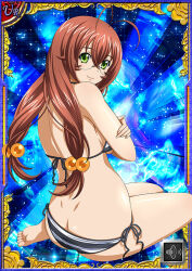 Rule 34 | 1girl, barefoot, bikini, breasts, breasts squeezed together, brown hair, card (medium), curvy, embarrassed, glasses, green eyes, hair ornament, ikkitousen, large breasts, long hair, looking at viewer, looking back, official art, open mouth, ryuubi gentoku, shiny skin, side-tie bikini bottom, smile, solo, striped bikini, striped clothes, sweat, swimsuit, very long hair, wide hips