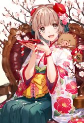 Rule 34 | 1girl, :d, ahoge, animal, armchair, asahikawa hiyori, bow, branch, brown eyes, brown hair, camellia print, chair, chinese zodiac, commentary request, cup, ema, floral print, flower, green hakama, hair flower, hair ornament, hakama, hakama skirt, head tilt, japanese clothes, kimono, open mouth, original, pig, pink flower, print kimono, red flower, sakazuki, shide, short kimono, short sleeves, simple background, sitting, skirt, smile, solo, striped, striped bow, white background, white flower, white kimono, wide sleeves, year of the pig, yellow bow