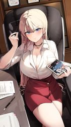 Rule 34 | 1girl, :/, artist self-reference, black choker, blonde hair, blue eyes, blush, book, breasts, chair, choker, cleavage, closed mouth, collared shirt, crossed legs, ddangbi, earrings, elbow rest, frown, hand up, high-waist skirt, highres, holding, holding book, holding removed eyewear, indoors, jewelry, large breasts, necklace, office chair, office lady, on chair, original, paper, paper stack, pen, red skirt, shirt, shirt tucked in, sitting, skirt, sleeves rolled up, solo, straight hair, sweatdrop, swivel chair, thighs, unworn eyewear, v-shaped eyebrows, white shirt