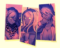Rule 34 | 1girl, 2boys, ahoge, akamatsu kaede, artist name, blonde hair, blood, blood from mouth, breasts, checkered clothes, checkered scarf, collarbone, commentary request, covering own mouth, danganronpa (series), danganronpa v3: killing harmony, fortissimo, glowing, glowing eyes, hair between eyes, hair ornament, large breasts, looking at viewer, momota kaito, multiple boys, musical note, musical note hair ornament, nagi to (kennkenn), oma kokichi, open clothes, open shirt, pink background, pink blood, pink eyes, scarf, sepia, shirt, spiked hair, spot color, white background