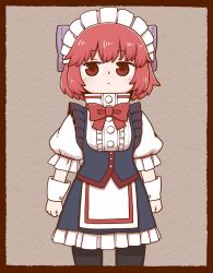 Rule 34 | 1girl, alternate costume, apron, black thighhighs, bow, bowtie, brown background, closed mouth, cowboy shot, hair bow, high collar, looking at viewer, maid, maid headdress, poronegi, puffy short sleeves, puffy sleeves, red bow, red bowtie, red eyes, red hair, sekibanki, short hair, short sleeves, simple background, solo, standing, thighhighs, touhou, waist apron, white apron, white headdress, wrist cuffs