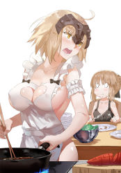 Rule 34 | 2girls, apron, artoria pendragon (all), artoria pendragon (fate), bad id, bad pixiv id, blonde hair, blush, breasts, brown eyes, cleavage, cleavage cutout, clothing cutout, club3, covered erect nipples, eating, fate/grand order, fate/stay night, fate (series), heart, heart cutout, highres, impossible clothes, jeanne d&#039;arc (fate), jeanne d&#039;arc (ruler) (fate), jeanne d&#039;arc alter (avenger) (fate), jeanne d&#039;arc alter (fate), large breasts, medium breasts, multiple girls, naked apron, o o, open mouth, saber (fate), saber alter, short hair, sideboob, simple background, small breasts, smile, white background