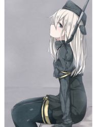 Rule 34 | 10s, 1girl, blonde hair, blue eyes, cropped jacket, from side, garrison cap, hat, jiino, kantai collection, long hair, long sleeves, looking at viewer, looking to the side, military, military uniform, pantyhose, puffy long sleeves, puffy sleeves, sitting, solo, u-511 (kancolle), uniform