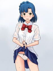 Rule 34 | 1girl, blue hair, blue skirt, blush, bob cut, bow, bow panties, bowtie, bra visible through clothes, clothes lift, cowboy shot, crotch seam, dress shirt, frown, gluteal fold, gradient background, grey background, idolmaster, idolmaster million live!, lielos, lifting own clothes, looking at viewer, miniskirt, nanao yuriko, open mouth, panties, plaid, plaid skirt, pleated skirt, red bow, red bowtie, school uniform, see-through, shirt, short hair, short sleeves, skirt, skirt lift, solo, standing, underwear, wet, wet clothes, wet panties, wet shirt, white panties, white shirt, wing collar, wringing clothes, wringing skirt, yellow eyes