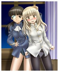 Rule 34 | 2girls, black hair, black pantyhose, blonde hair, blunt bangs, blush, cosplay, costume switch, crotch seam, curtains, eyepatch, glasses, hand on another&#039;s head, long hair, multiple girls, mushoku no hourousha, no pants, one-piece swimsuit, open mouth, panties, panties under pantyhose, pantyhose, perrine h. clostermann, ponytail, sakamoto mio, school swimsuit, smile, strike witches, swimsuit, swimsuit under clothes, underwear, uniform, window, world witches series, yellow eyes