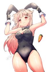 Rule 34 | 1girl, animal ears, black gloves, black ribbon, blonde hair, bow, bowtie, carrot, detached collar, fake animal ears, fingerless gloves, from below, gloves, gradient hair, hair flaps, hair ribbon, ittokyu, kantai collection, leotard, long hair, multicolored hair, playboy bunny, rabbit ears, red eyes, ribbon, simple background, smile, solo, white background, wrist cuffs, yuudachi (kancolle), yuudachi kai ni (kancolle)