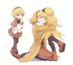 Rule 34 | 1boy, 2girls, blonde hair, blush, boots, braid, brown capelet, brown footwear, brown pantyhose, brown skirt, capelet, closed eyes, coat, collared shirt, crown braid, crying, dress, finger to mouth, green eyes, hairband, highres, hug, index finger raised, library of ruina, lobotomy corporation, long hair, long sleeves, love mintchoco, multiple girls, multiple persona, orange dress, orange hairband, pantyhose, project moon, puffy long sleeves, puffy sleeves, shirt, shushing, simple background, skirt, tears, tiphereth a (project moon), tiphereth b (project moon), very long hair, white background, white shirt, yellow coat