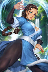 Rule 34 | 1girl, avatar: the last airbender, avatar legends, black pantyhose, black sleeves, blue choker, blue eyes, blue robe, blurry, blurry background, braid, braided ponytail, breasts, brown hair, choker, commentary, element bending, english commentary, forest, fur-trimmed robe, fur trim, hair tubes, highres, katara, medium breasts, nature, neoartcore, paid reward available, pantyhose, parted lips, patreon username, pelvic curtain, robe, tan, thighs, water, waterfall