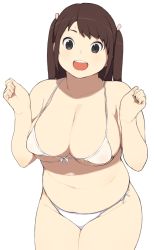 Rule 34 | 1girl, accio, bad id, bad tumblr id, bare shoulders, bikini, black eyes, blush, breasts, brown eyes, brown hair, cleavage, female focus, forearms at chest, hair ribbon, highres, large breasts, long hair, looking back, navel, open mouth, original, plump, ribbon, simple background, smile, solo, standing, sweat, swimsuit, tanuma miyuki, thick thighs, thighs, twintails, two side up, white background, white bikini