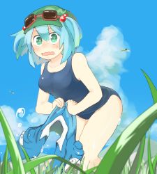 Rule 34 | 1girl, back, bare shoulders, blue eyes, blue hair, blue shirt, blue sky, blush, breasts, bug, buttons, citrus (place), cloud, cloudy sky, collarbone, day, dragonfly, embarrassed, eyebrows, goggles, goggles on head, grass, hair bobbles, hair ornament, hat, holding, holding clothes, holding shirt, insect, kawashiro nitori, leaning forward, looking at viewer, matching hair/eyes, medium breasts, nose blush, one-piece swimsuit, open mouth, outdoors, plant, pocket, puffy short sleeves, puffy sleeves, school swimsuit, shirt, short hair, short sleeves, short twintails, sky, solo, surprised, swimsuit, touhou, twintails, two side up, water, water drop