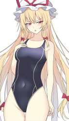 Rule 34 | 1girl, alternate costume, alternate eye color, bare shoulders, black one-piece swimsuit, blonde hair, blush, bow, breasts, collarbone, e.o., fingernails, hair between eyes, hair bow, half-closed eyes, hand on own chest, hand up, hat, hat bow, highres, long hair, looking at viewer, medium breasts, mob cap, one-piece swimsuit, open mouth, red bow, red eyes, simple background, solo, standing, swimsuit, tongue, touhou, v-shaped eyebrows, white background, white hat, yakumo yukari