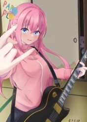Rule 34 | 2girls, \n/, blue eyes, blush, bocchi the rock!, child, commentary request, cowboy shot, crossed bangs, cube hair ornament, eyelashes, furrowed brow, gotoh futari, gotoh hitori, guitar, hair between eyes, hair ornament, highres, hitomi13, holding, holding instrument, indoors, instrument, jacket, long hair, long sleeves, multiple girls, one side up, open mouth, peeking, pink hair, pink jacket, shy, siblings, signature, sisters, smile, solo focus, standing, tatami