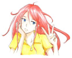 Rule 34 | 1girl, aida rayhunton, blue eyes, collarbone, gundam, gundam g no reconguista, hair behind ear, hair between eyes, hand on own cheek, hand on own face, head tilt, highres, long hair, looking to the side, oota tamon, parted lips, portrait, red hair, solo, w, white background