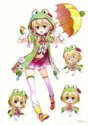 Rule 34 | &gt; &lt;, :3, :d, absurdres, animal hood, blonde hair, blue eyes, blush stickers, boots, bow, bowtie, bracelet, breasts, chibi, choker, english text, fingerless gloves, flower, flower request, frog hood, fujima takuya, gloves, green jacket, green stripe, hair between eyes, highres, hood, hooded jacket, index finger raised, jacket, jewelry, laki station, layered skirt, looking at viewer, low twintails, medium breasts, midriff, multiple views, nijikawa laki, official art, open clothes, open hands, open jacket, open mouth, outstretched arms, page number, pigeon-toed, pink choker, pink lips, pink neckwear, pink skirt, pleated skirt, print legwear, raindrop print, red flower, ribbon-trimmed clothes, ribbon trim, rose, rubber boots, scan, shirt, single stripe, skindentation, skirt, smile, standing, standing on one leg, striped background, striped bow, striped bowtie, striped clothes, striped neckwear, striped skirt, suspender skirt, suspenders, thighhighs, twintails, umbrella, vertical-striped clothes, vertical-striped skirt, virtual youtuber, white flower, white gloves, white legwear, white shirt, white skirt, white stripes, x3, yellow footwear, yellow umbrella, zettai ryouiki