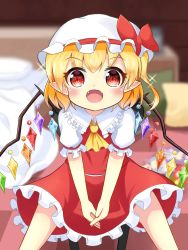 Rule 34 | 1girl, ascot, bed, bed sheet, bedroom, between legs, blonde hair, blurry, blurry background, blush, collared shirt, crystal, depth of field, fangs, feet out of frame, flandre scarlet, frilled shirt collar, frilled skirt, frills, hand between legs, hat, hat ribbon, highres, indoors, koruk700, looking at viewer, medium hair, mob cap, multicolored wings, on stool, open mouth, pillow, pointy ears, red eyes, red ribbon, red skirt, red vest, ribbon, shirt, sitting, skirt, skirt set, solo, sparkle, stool, touhou, vest, white hat, white shirt, wings, yellow ascot