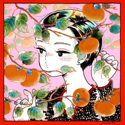 Rule 34 | 1girl, black eyes, black hair, black shirt, blue nails, blush, border, branch, commentary request, earrings, emamemamo33, eyeshadow, fingernails, food, fruit, fruit tree, hands up, highres, jewelry, leaf, looking to the side, makeup, multicolored hair, nail polish, open mouth, original, persimmon, persimmon tree, pink background, pink eyeshadow, portrait, rainbow gradient, rainbow hair, red border, shirt, short hair, signature, solo, stud earrings, tree, upper body, v-neck