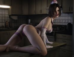 Rule 34 | 1girl, 3d, all fours, arm support, artist request, ass, ass focus, barefoot, breasts, brown hair, cleavage, eileen galvin, gloves, hat, highleg, highleg leotard, kitchen, leotard, lips, looking at viewer, looking back, medium breasts, nurse, nurse cap, official alternate costume, room, shiny skin, short hair, silent hill, silent hill (series), silent hill 4: the room, solo, standing, thighs, white gloves, white leotard, wide hips