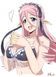 Rule 34 | 1girl, :d, bikini, blue eyes, breasts, collarbone, drill hair, eyebrows, fins, gills, head fins, heart, highres, kagiyama (clave), large breasts, long hair, looking at viewer, maid headdress, mermaid, meroune lorelei, monster girl, monster musume no iru nichijou, navel, open mouth, own hands together, pink hair, signature, simple background, sketch, smile, solo, swimsuit, upper body, webbed hands, white background