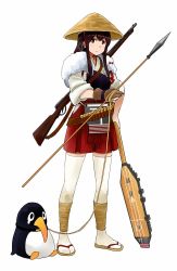 Rule 34 | 10s, 1girl, akagi (kancolle), ankle wrap, bandolier, blush, brown eyes, brown hair, collar, commentary request, failure penguin, fur, gloves, gun, hat, kantai collection, leash, looking at viewer, miniskirt, miss cloud, polearm, rice hat, rifle, sandals, sandogasa, skirt, spear, stole, thighhighs, watanore, weapon
