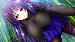 Rule 34 | 1girl, all fours, amasaka takashi, bamboo, blue eyes, blush, breasts, covered erect nipples, from below, game cg, hanging breasts, huge breasts, legs, long hair, looking at viewer, open mouth, pantyhose, purple hair, skirt, solo, thighs, toujou amane, unionism quartet