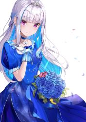 Rule 34 | 1girl, absurdres, blue choker, blue dress, blue flower, blue hair, bouquet, breasts, choker, collarbone, colored inner hair, dress, earrings, flower, gloves, hair behind ear, hand on own chest, head tilt, highres, holding, holding bouquet, huge filesize, jewelry, lize helesta, lize helesta (3rd costume), looking at viewer, multicolored hair, necklace, nijisanji, purple eyes, ringopan, silver hair, small breasts, smile, solo, virtual youtuber, white background, white gloves