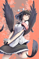Rule 34 | 1girl, armband, arms at sides, black hair, black skirt, black wings, blouse, blush, breast press, camera, chestnut mouth, expressionless, feathers, frilled skirt, frills, hat, highres, holding, hoozuki (tkudonmax), leaf, leaf background, looking away, looking to the side, looking up, miniskirt, pointy ears, shameimaru aya, shirt, short hair, short sleeves, skirt, skirt set, solo, tokin hat, touhou, wings, yellow eyes