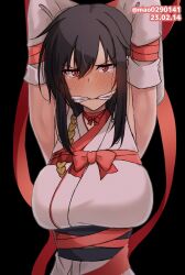 Rule 34 | 1girl, armpits, arms up, artist name, bare shoulders, black hair, blush, breasts, cleave gag, cloth gag, dated, detached sleeves, gag, gagged, improvised gag, jewelry, kantai collection, large breasts, long hair, looking at viewer, m.a.o, nontraditional miko, one-hour drawing challenge, red eyes, restrained, ring, solo, valentine, wedding ring, yamashiro (kancolle)