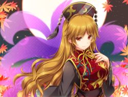 Rule 34 | 1girl, black dress, blonde hair, breasts, chinese clothes, crescent, crescent moon, dress, hat, junko (touhou), leaf, light smile, long hair, long sleeves, looking at viewer, monety, moon, red eyes, solo, tabard, touhou, wavy hair, wide sleeves
